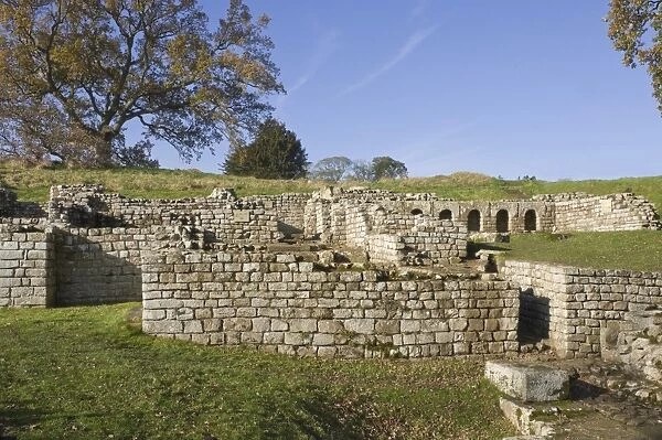 Extensive remains of the bath site which included changing rooms, hot rooms and cold plunge pools, on the edge of what is now the River North Tyne, dating from AD138, Cilurnum (Chesters Roman Fort), Hadrians Wall, UNESCO World Heritage Site, Chollerford, Northumbria National Park, England, United Kingdom, Europe