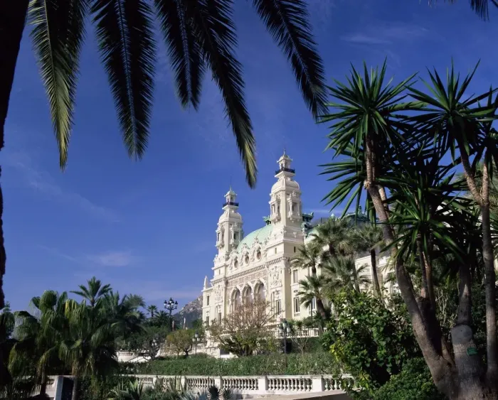 Framed Print : Exterior of the Casino from the south terrace with palm trees in the foreground Framed Print : Exterior of the Casino from the south terrace with palm trees in the foreground
