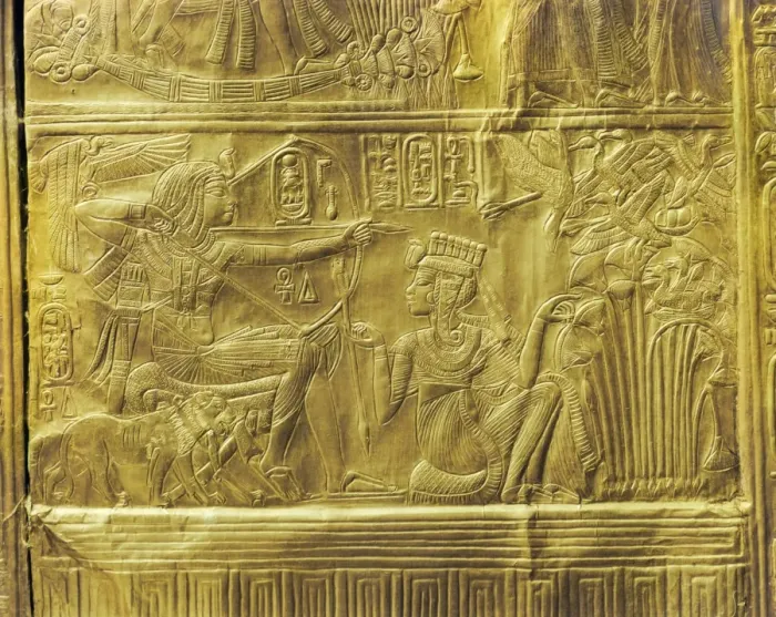 Framed Print : Detail of the exterior of the gilt shrine showing the queen helping the king in a ritual hunting scene, from the tomb of the pharaoh Tutankhamun, discovered in the Valley of the Kings, Thebes, Egypt, North Framed Print : Detail of the exterior of the gilt shrine showing the queen helping the king in a ritual hunting scene, from the tomb of the pharaoh Tutankhamun, discovered in the Valley of the Kings, Thebes, Egypt, North