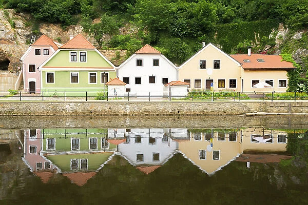 Exterior of houses in front of Vltava river at Cesky Krumlov, Czech Republic (Czechia), Europe