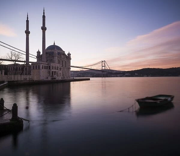 Exterior of Ortakoy Mosque and Bosphorus bridge at dawn, Ortakoy, Istanbul, Turkey