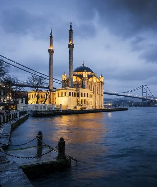 Exterior of Ortakoy Mosque and Bosphorus bridge at night, Ortakoy, Istanbul, Turkey