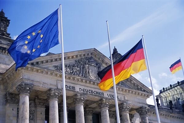Exterior of the Reichstag building and flags
