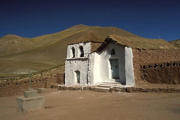Exterior of a small church in arid landscape near Al Tatio geysers, Atacama desert