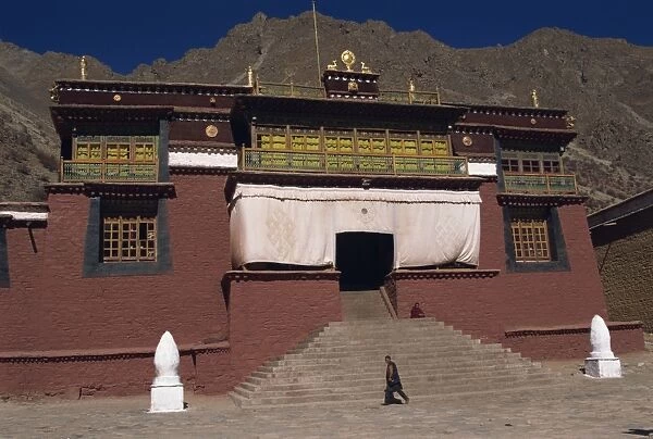 Exterior steps and entrance to the Tsurpu Buddhist monastery, seat of the Karmapa