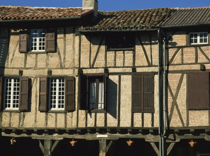 Framed Print : Exterior of timber framed houses with shutters, in Lautrec in Tarn, Midi-Pyrenees France Framed Print : Exterior of timber framed houses with shutters, in Lautrec in Tarn, Midi-Pyrenees France
