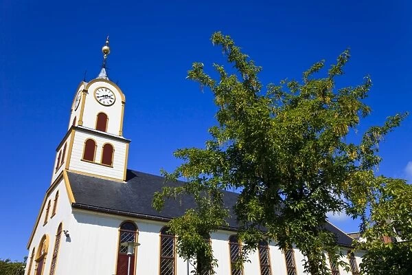 The exterior of the Torshavn Cathedral (Havnar Kirkja), located in the historic Tinganes district of Torshavn, Streymoy Island, Faroe Islands
