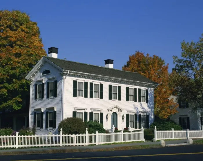 Framed Print : Exterior of a traditional large white house at Woodstock Framed Print : Exterior of a traditional large white house at Woodstock