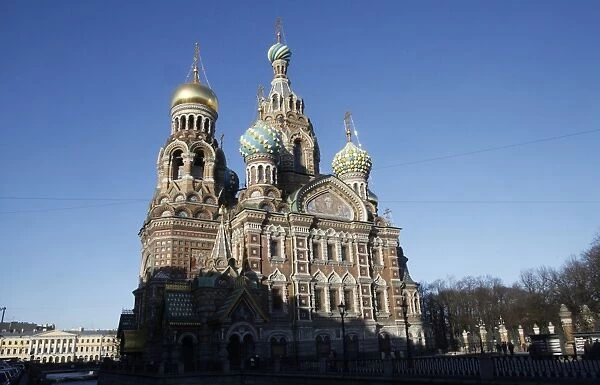 Exterior view beside Griboedov Canal of the Church of the Saviour on Spilled Blood (Church of Resurrection), UNESCO World Heritage Site, St. Petersburg, Russia, Europe