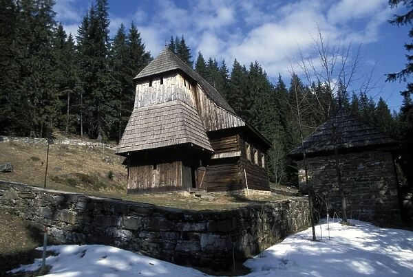 Exterior of wooden Ruthenian Orthodox church in village of Zuberec