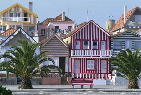 Exteriors of painted houses on a street in Costa Nova