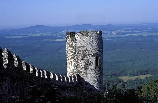 Extterior of tower and wall of Bezdez Castle with landscape of valley below