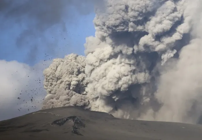 Framed Print : Eyjafjallajokull eruption showing billowing ash plume and rocks exploding into the sky of southern Iceland, Iceland