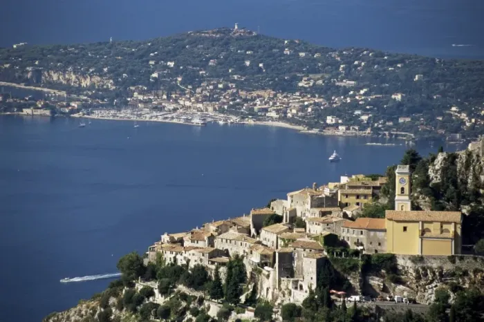 Framed Print : Eze village and Cap Ferrat in background, Alpes-Maritimes, Cote d Azur Framed Print : Eze village and Cap Ferrat in background, Alpes-Maritimes, Cote d Azur