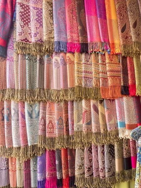 Fabric for sale, Jemaa el-Fna. Marrakech, Morocco, North Africa, Africa