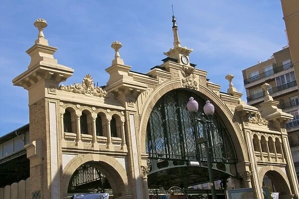 Facade, Central Market built in 1903, detail, Zaragoza, Aragon, Spain, Europe