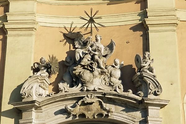Facade detail of citys finest Baroque church of Holy Trinity