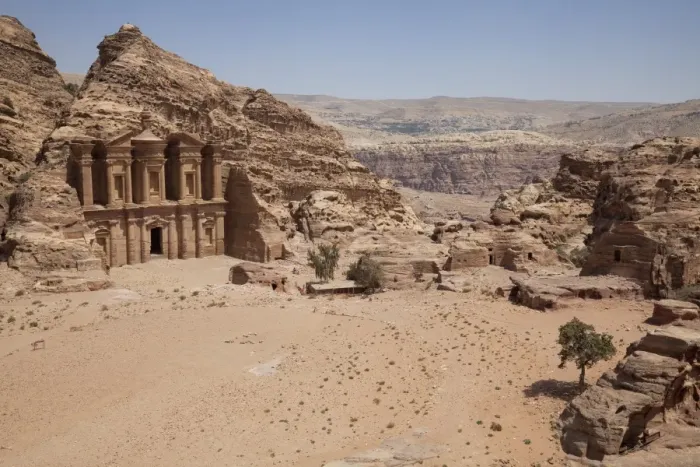 Framed Print : The facade of the Monastery carved into the red rock at Petra, UNESCO World Heritage Site, Jordan, Middle East