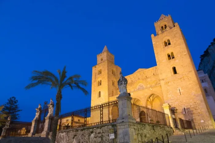Framed Print : The facade of the Norman Cathedral of Cefalu illuminated at night, Sicily, Italy, Europe Framed Print : The facade of the Norman Cathedral of Cefalu illuminated at night, Sicily, Italy, Europe