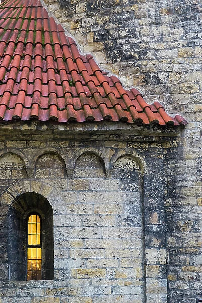 Detail of facade with roof and window of Rotunda of the Finding of the Holy Cross, Old Town, Prague, Czech Republic (Czechia), Europe