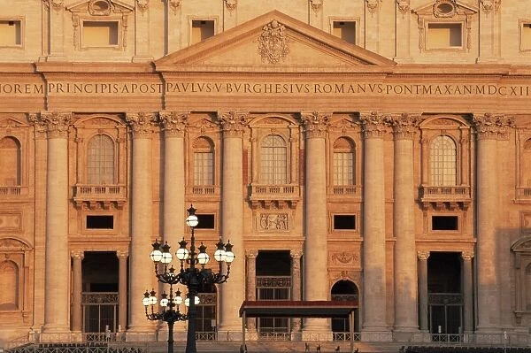 The facade of Saint Peters Basilica at sunrise