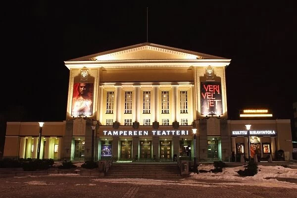 Facade of Tamperes Theatre (Tampereen Teatteri) on the Central Square (Keskustori), at night, in Tampere, Pirkanmaa, Finland, Scandinavia, Europe