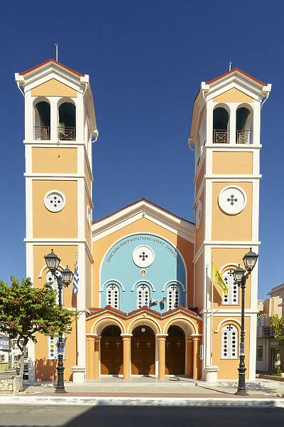 Facade and twin bell towers of church in Lixouri old town, Kefalonia, Ionian Islands, Greek Islands, Greece, Europe