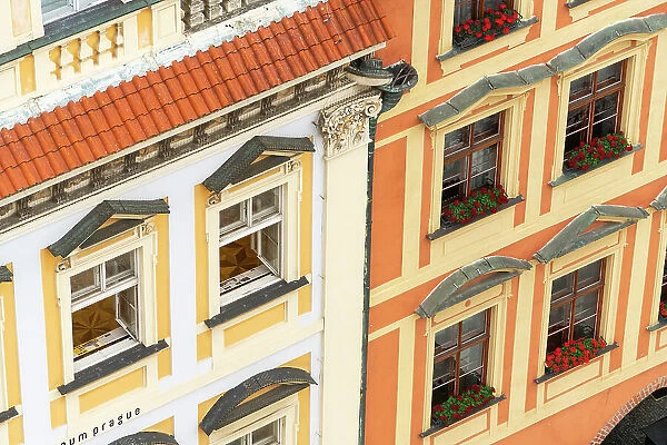 Detail of facades of houses at Old Town Square, Old Town, UNESCO World Heritage Site, Prague, Bohemia, Czech Republic (Czechia), Europe