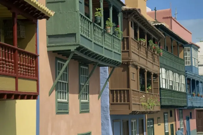 Framed Print : Facades of painted houses with overhanging wooden balconies in Santa Cruz de la Palma Framed Print : Facades of painted houses with overhanging wooden balconies in Santa Cruz de la Palma