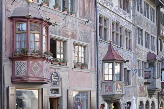 Framed Print : Facades of the town houses at the Rathausplatz square, Stein am Rhein, Canton Schaffhausen, Switzerland, Europe Framed Print : Facades of the town houses at the Rathausplatz square, Stein am Rhein, Canton Schaffhausen, Switzerland, Europe