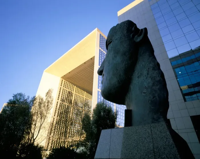 Framed Print : Face sculpture and La Grande Arche, La Defense, Paris, France, Europe Framed Print : Face sculpture and La Grande Arche, La Defense, Paris, France, Europe