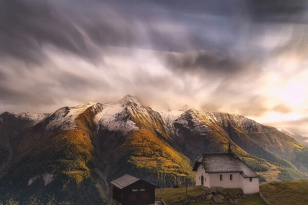 Fairy tale landscape during the autumn sunset over Bettmeralp, canton of Valais, Swiss