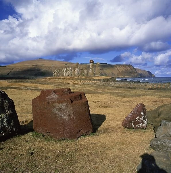 Fallen topknot in foreground, Ahu Tongariki, Rapa Nui National Park, Easter Island