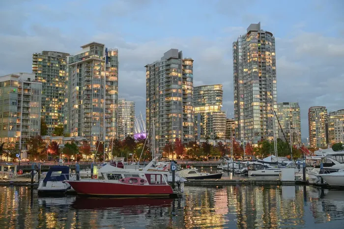 Framed Print : False Creek pedestrian waterfront in Autumn, Yaletown Neighbourhood, Downtown Vancouver, British Columbia, Canada Framed Print : False Creek pedestrian waterfront in Autumn, Yaletown Neighbourhood, Downtown Vancouver, British Columbia, Canada
