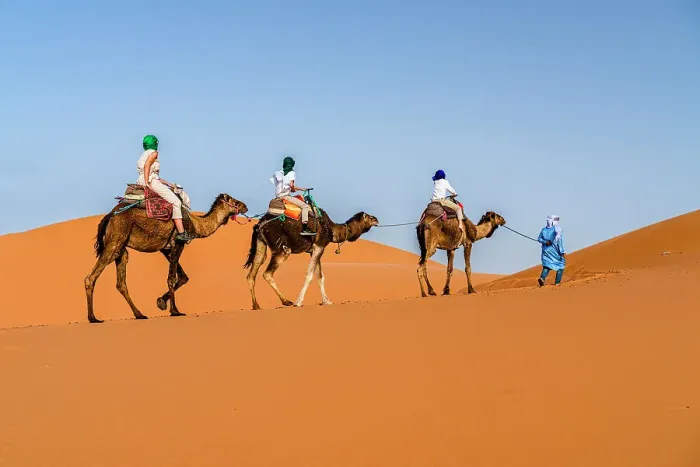 Framed Print : Family with one child enjoying a camel ride in the desert, Erg Chebbi, Merzouga, Sahara Desert, Morocco, North Africa, Africa