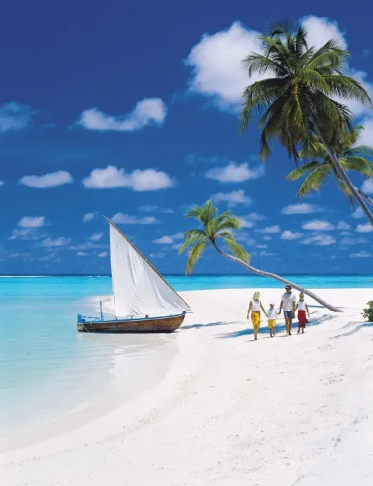 Framed Print : Family walking on a tropical beach by traditional dhoni, Maldives, Indian Ocean, Asia