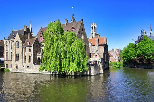Famous canal of Rozenhoedkaai and the Belfry in the background, Bruges, UNESCO World Heritage Site, Belgium, Europe