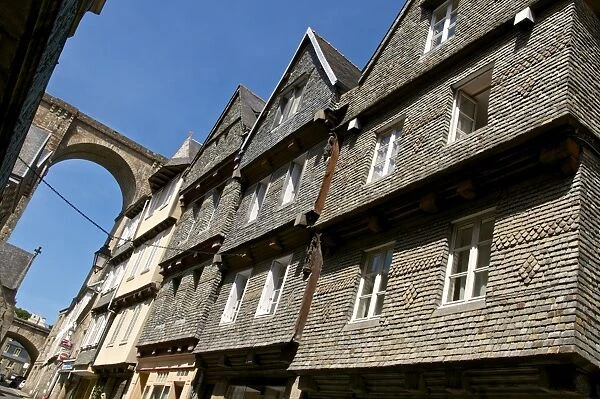 Famous houses in Ange de Guernisac Street with Viaduct in the background, Morlaix, Finistere, Brittany, France, Europe