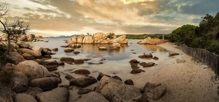 Framed Print : Famous Palombaggia beach with rocks at sunset, Island of Corsica, France Framed Print : Famous Palombaggia beach with rocks at sunset, Island of Corsica, France