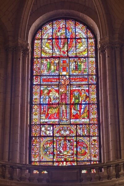 The famous stained glass window of the Crucifixion of Christ in Poitiers cathedral, Vienne, Poitou-Charentes, France, Europe