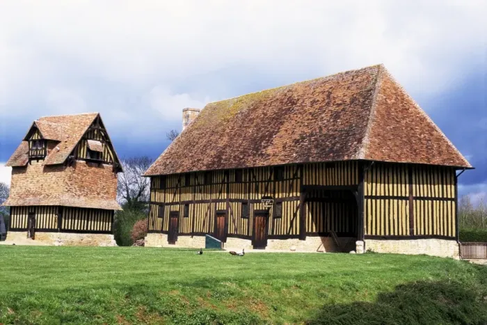 Framed Print : Farm dating from the 15th century, and dovecot, Crevecoeur manor, Auge Framed Print : Farm dating from the 15th century, and dovecot, Crevecoeur manor, Auge