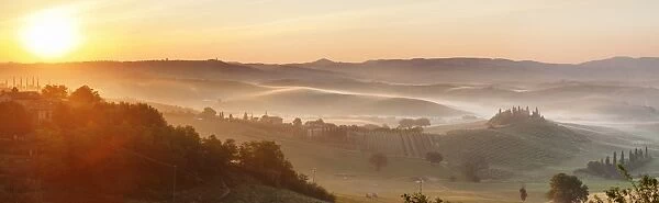Farm house Belvedere at sunrise, near San Quirico, Val d Orcia (Orcia Valley), UNESCO