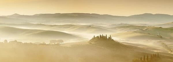 Farm house Belvedere at sunrise, near San Quirico, Val d Orcia (Orcia Valley), UNESCO
