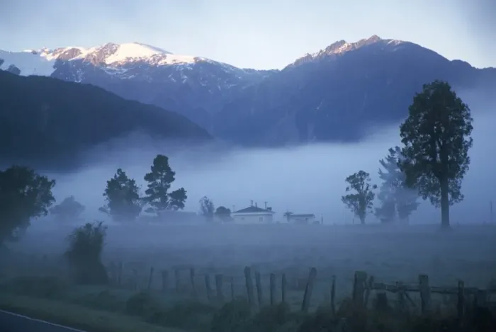 Framed Print : Farm in mist below Fox Glacier Framed Print : Farm in mist below Fox Glacier