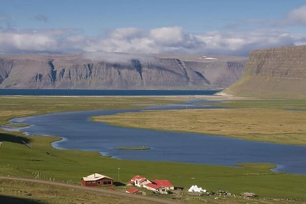 Farm in the typical landscape in fjord, Patreksfjordur, Iceland, Polar Regions