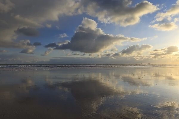 Farne Islands reflections, from Bamburgh beach, Bamburgh, Northumberland, England, United Kingdom, Europe