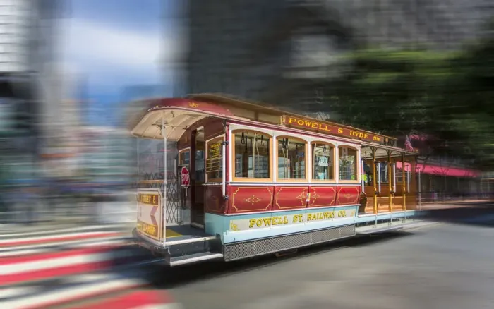 Framed Print : Fast moving cable car in San Francisco, California, United States of America, North Framed Print : Fast moving cable car in San Francisco, California, United States of America, North