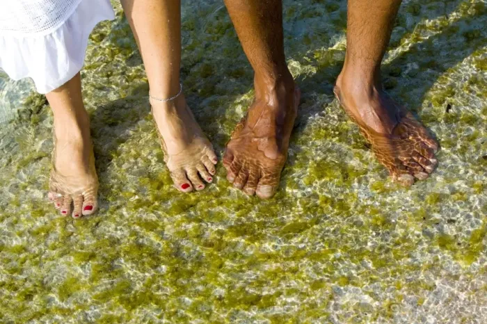 Framed Print : Feet in sea water
