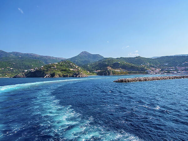 Ferry leaving the port of Evdilos, Icaria Island, North Aegean, Greek Islands, Greece, Europe