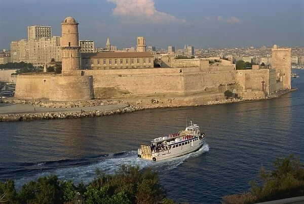 Ferry passing the old fortress, entering Marseille harbour, Bouches du Rhone
